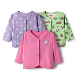 Babyhug 100% Cotton Interlock Knit Full Sleeves Antibacterial Front Open Jhablas with Heart & Floral Print Pack of 3 - Pink Lilac& Light Green-picture-19