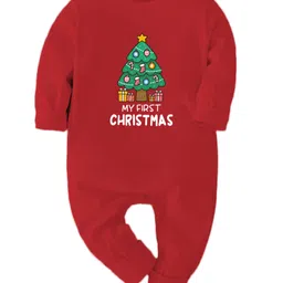 Zeezeezoo 100% Cotton Knit Christmas Theme Full Sleeves My 1st Christmas Text Printed Romper - Red-picture-32