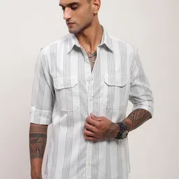 SHOWOFF Men Comfort Slim Fit Spread Collar Vertical Striped Cotton Casual Shirt-image-71