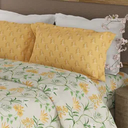 Boutique Living India Yellow Printed Cotton 200 TC King Bedsheet Set-2.74 m x 2.74 image 1