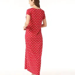 Bella Mama 100% Cotton Knit Half Sleeves Heart Printed Nursing Nighty with Concealed Zipper - Red image 3