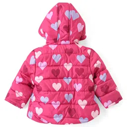 Babyhug Woven Full Sleeves Front Open Padded Hooded Jacket with Hearts Print - Pink image 2