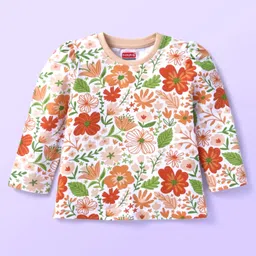 Babyhug Cotton Knit Full Sleeves Night Suit Floral Print -Peach image 2