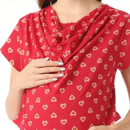 Bella Mama 100% Cotton Knit Half Sleeves Heart Printed Nursing Nighty with Concealed Zipper - Red image 4