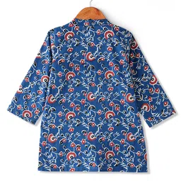 Babyhug 100% Cotton Woven Full Sleeves Floral Printed Kurta with Dhoti Set - Indigo Blue & Red image 3