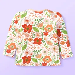 Babyhug Cotton Knit Full Sleeves Night Suit Floral Print -Peach image 3