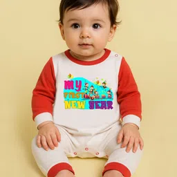 The Peppy Tend 100% Cotton Knit New Year Theme Raglan Full Sleeves My First New Year Text Printed Romper - White & Red image 4