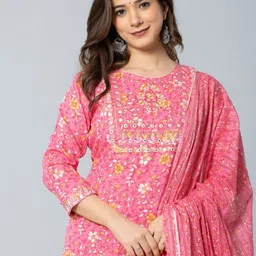 YUVVIK Floral Printed Mirror Work Kurta With Trousers & Dupatta image 2