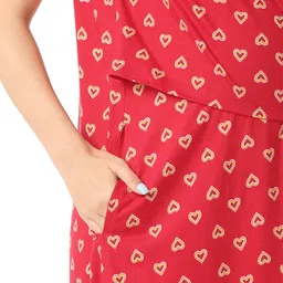 Bella Mama 100% Cotton Knit Half Sleeves Heart Printed Nursing Nighty with Concealed Zipper - Red image 5