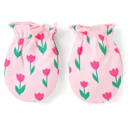 Babyhug Cotton Cap Mittens & Booties with Floral Print - Pink image 4