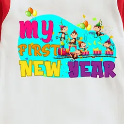 The Peppy Tend 100% Cotton Knit New Year Theme Raglan Full Sleeves My First New Year Text Printed Romper - White & Red image 5
