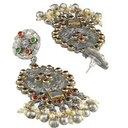 Aatmana Red & Green Kundan Studded & Beaded Dual Toned Drop Earrings for Women image 4