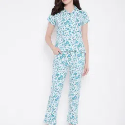 Clovia Blue Floral Print Shirt & Pyjama Set-image-24