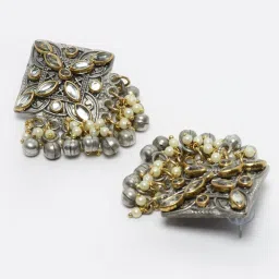 Moedbuille Crystal Ghungroo & Pearl Studded Antique Design Silver-Plated Tasselled Stud Earrings image 4