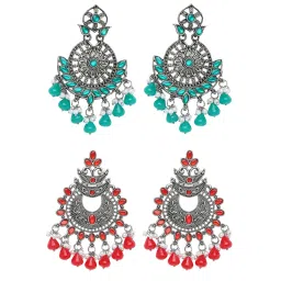 OOMPH Jewellery Oxidized Silver Green & Red Stones With Pearls Ethnic Chand Bali - Set of 2 image 4