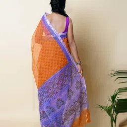 Unnati Silks Orange & Blue Printed Saree With Unstitched Blouse image 2