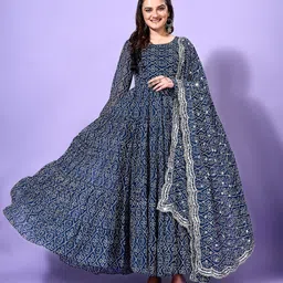 KALINI Bandhani Printed Tiered Georgette Anarkali Kurta With Trouser & Dupatta image 2