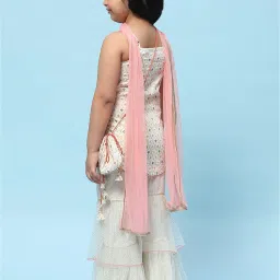 BIBA Girls Cream & Peach Embroidered Kurta, Gharara, Dupatta with Potli Bag image 2