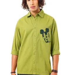 Bewakoof Official Disney Merchandise Men's Olive Green Mickey Graphic Printed Oversized Shirt-picture-13