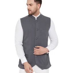 Hypernation Grey Sleeveless Mandarin Collar Waistcoat-picture-0