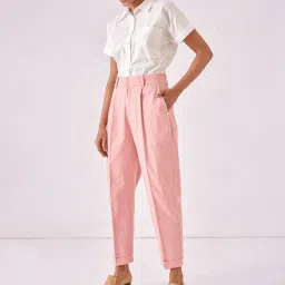 The Label Life Salmon Pink Regular Fit Mid Rise Trousers image 4