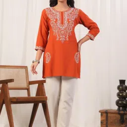 Autumnlane Orange Cyra Apricot Embroidered Regular Fit Short Kurti image 4