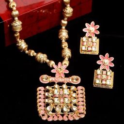 Panash Gold Plated Peach Coloured & White Kundan Studded Jewellery Set-picture-12