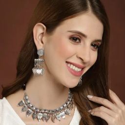 Panash Silver Toned Leaf Shaped Oxidized Jewellery Set-picture-15