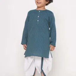 Little Bansi Kids Teal Blue & White Cotton Self Pattern Full Sleeves Kurta Set-image-20
