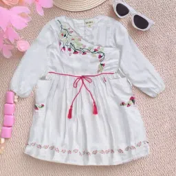 Bella Moda Girls White Cotton Three Fourth Sleeves Floral Embroidered Dress-picture-17