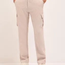 The Bear House Peach Textured Straight Fit Casual Cargos-image-78