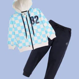 Kiddopanti Kids White & Aqua Blue & Navy Printed Track Suits-image-29
