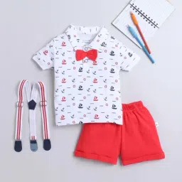 Bumzee Kids White & Red Cotton Printed Polo T-Shirt Set-image-44
