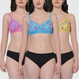FIMS Turquoise & Pink Floral Print Bra Panty Sets - Pack Of 3-picture-48