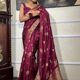 CaniBani Woven Design Zari Silk Blend Handloom Banarasi Saree-image-74