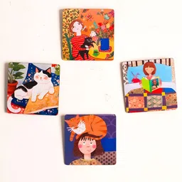 Katha Plates Blue & Red 4 Pieces Printed Wooden Pet Love Wall Arts-picture-20