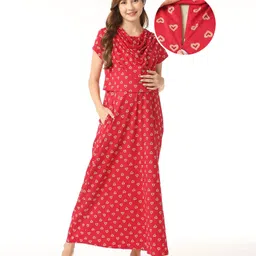 Bella Mama 100% Cotton Knit Half Sleeves Heart Printed Nursing Nighty with Concealed Zipper - Red-picture-37