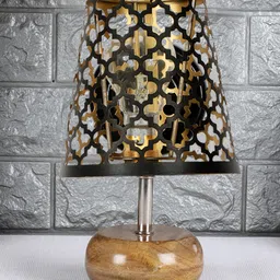 Devansh Net Metal Etching Table Lamp With Natural wood Round Base-picture-11