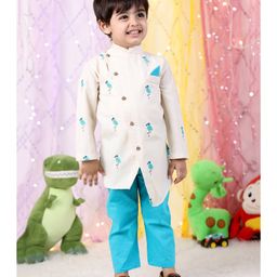Polka Tots Cotton Full Sleeves Flamingo Embroidered Kurta Pyjama Set - White-picture-27