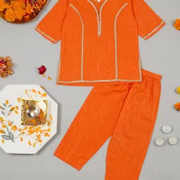 Little Ginnie Cotton Half Sleeves Gota Lace Embellished Kurta & Pant Set - Orange-image-1
