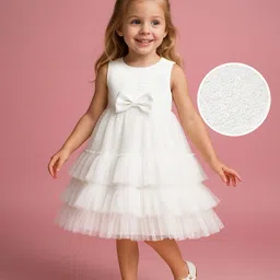 Babyhug Woven Sleeveless Sequinned Yoke Mesh Party Dress With Bow Applique - White-picture-19