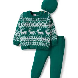 Babyhug Organic Cotton Knitted Full Sleeves Sweater Set With Deer Design & Cap - Green-picture-26