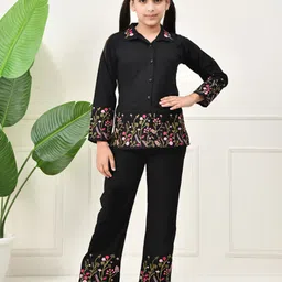 Bella Moda Cotton Woven Full Sleeves Floral Embroidered Coordinating Shirt Style Top & Pant Set - Black-picture-19