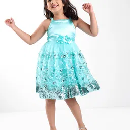 Babyhug Sleeveless Party Frock With Floral Applique & Sequine Detailing - Green image 2