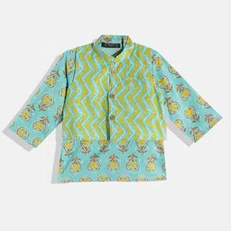 READIPRINT Jaipuri Floral Motif Printed Kurta And White Pyjama With Chevron Design Printed Jacket -Green image 3