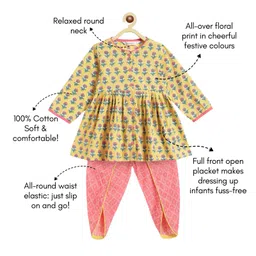 Campana 100% Cotton Full Sleeves Floral Printed Kurta With Dhoti Pant Set - Yellow & Pink image 3