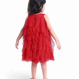 Babyhug Woven Sleeveless Line Mesh Party Dress with Ruffles & Floral Applique - Red image 3