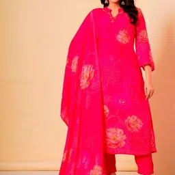 FLAMBOYANT Floral Printed Thread Work Raw Silk Kurta With Trousers & Dupatta-picture-34