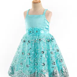Babyhug Sleeveless Party Frock With Floral Applique & Sequine Detailing - Green image 4