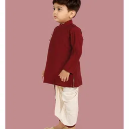 little desi Cotton Silk Woven Full Sleeves Solid Coordinating Dhoti Kurta Set - Maroon image 5